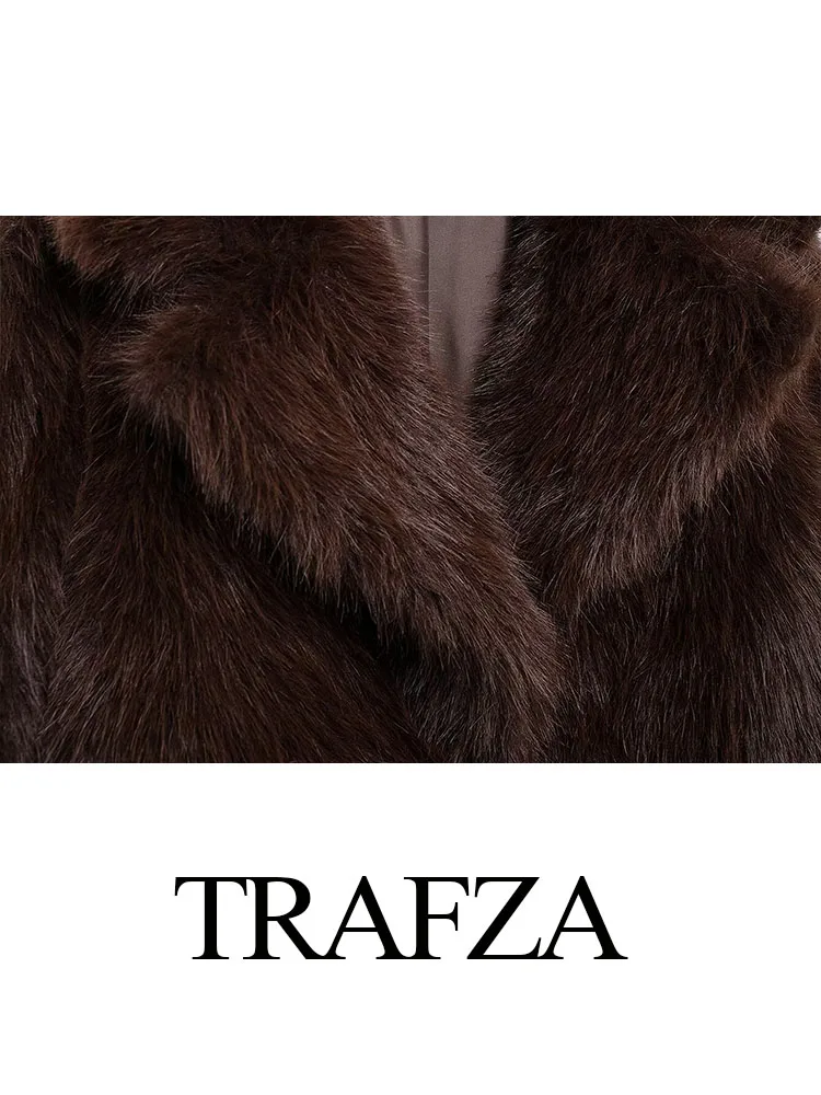 TRAFZA Fashion Women Chic Lapel Long Sleeves Single Breasted Side Pockets Decorate Slim Winter Coat Female Faux Fur Warm Jackets