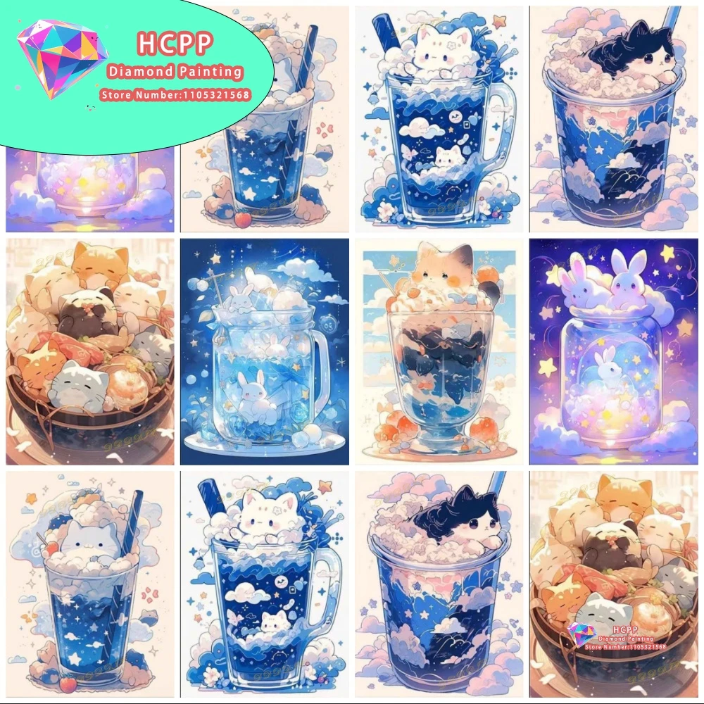 Cartoon Dessert Niedliche Tasse Katze Diamant-Malerei-Set Quadratische Runde Diamanten 5D DIY Mosaik Handgemachte Kunst Einzigartiges Geschenk Handwerk Heimdekoration