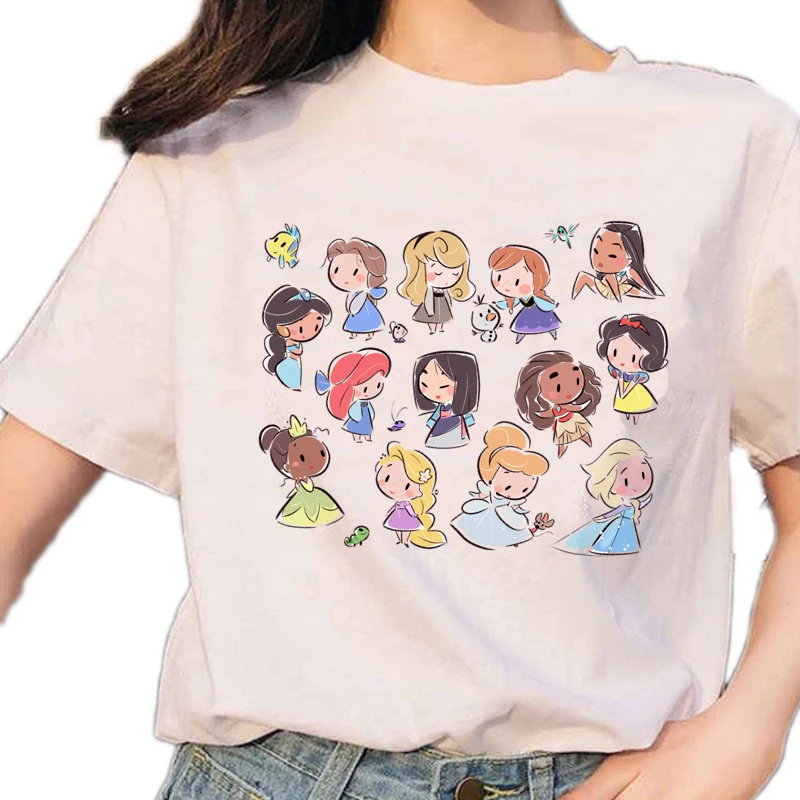 Kawaii Disney Cartoon Princess Graphic Women T-Shirt 2024 Summer Blouse Loose Short Sleeve White O-Neck Men Top Hippie Tees Gift