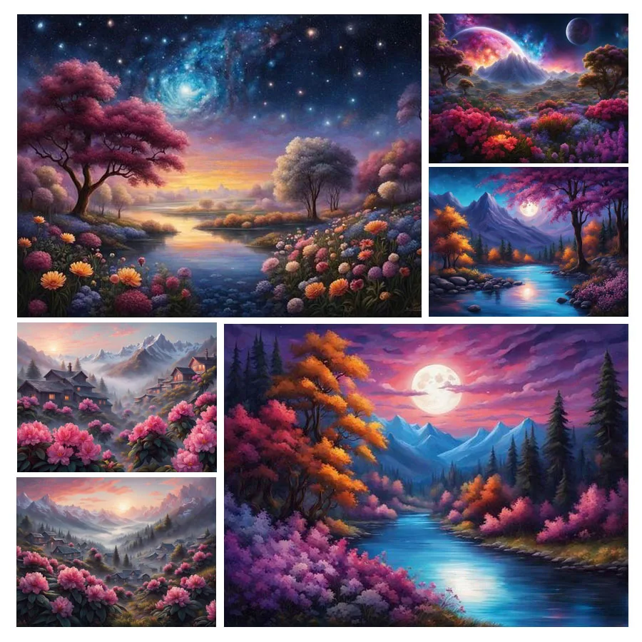 Fullcang Diy Diamond Painting New Collection Moon Snow Mountain River Full Rhinestone Art Mosaic Embroidery Landscape Picture