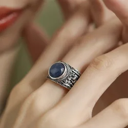 PANJBJ 925 Sterling Silve Blue Cat's Eye Stone Ring for Women Girl Gift Retro Broad Finger Versatile Jewelry Dropshipping