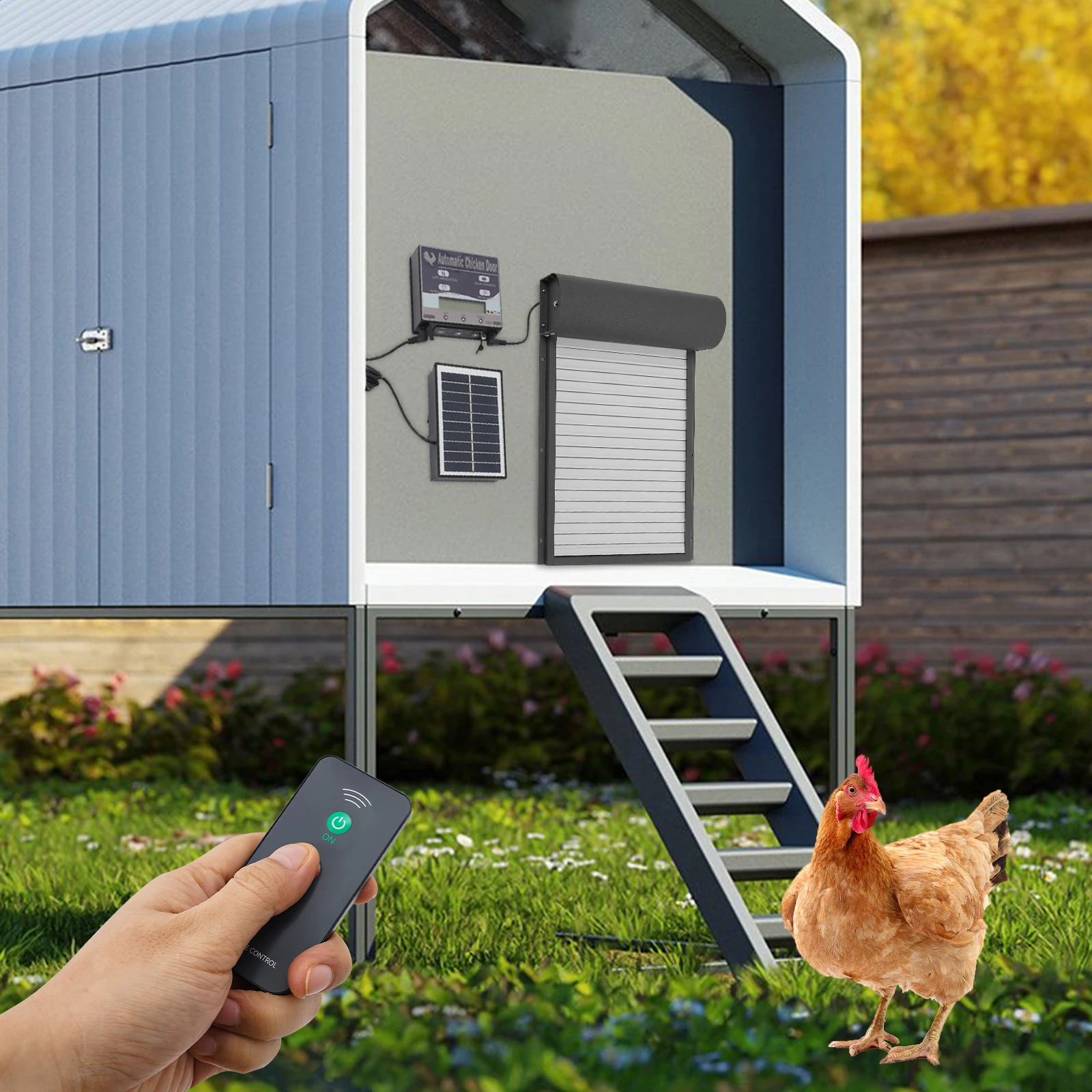 باب حظيرة الدجاج الأوتوماتيكي الذي يعمل بالطاقة الشمسية مع جهاز تحكم عن بعد ومؤقت قابل للتعديل IP67 باب دجاج مقاوم للماء ومضاد للقرصة