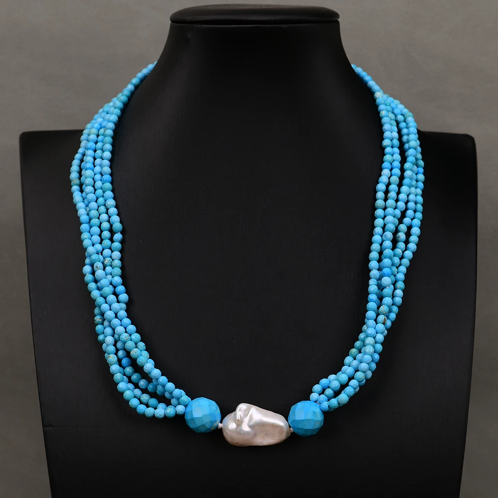 

G-G 19" 5 Rows Natural Blue Turquoise Faceted Round Stone Beaded Chokers Necklace White Baroque Keshi Pearl Pendant