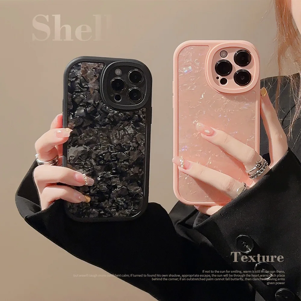 Solid Color Bling Glitter Shell Texture Phone Case For iPhone 15 14 13 12 Pro Max 11 7 8 Plus X XR XS Max Conch Pattern Cover