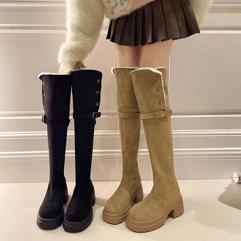 

2025 НОВЫЕ ботинки в стиле ретро на толстом каблуке в стиле вестерн, зимние новые стильные сапоги выше колена на флисовой трубке и высоком каблуке