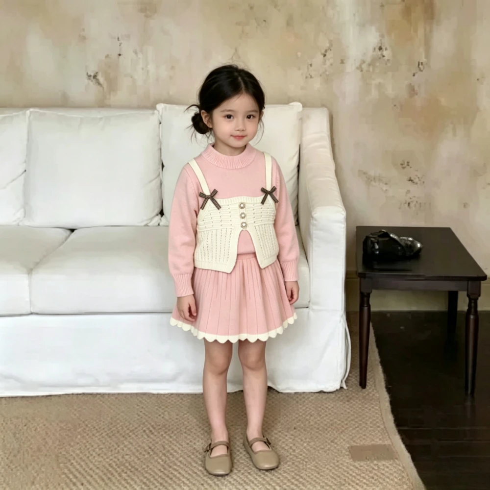 Bear Leader Pink Sweet Knitted Girls Clothes Birthday Children's Set Autumn/Winter Bow Fake 2-piece Sweaters+Short Skirt