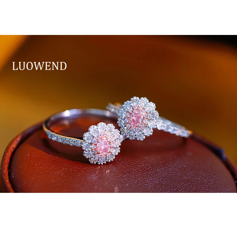 LUOWEND 100% 18K White Gold Rings Romantic Flower Shape Real Natural Pink Diamond Engagement Ring for Women High Party Jewelry