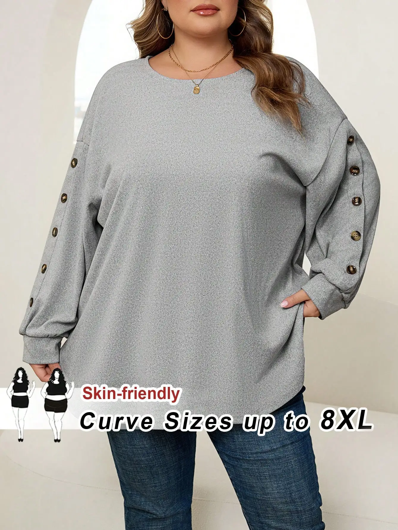 

Женская толстовка больших размеров с длинными рукавами и пуговицами, повседневный топ с круглым вырезом для осени и зимы, до размера 8XL