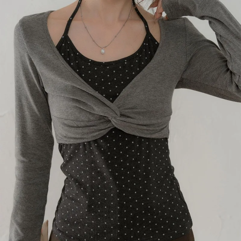Kimutomo Women T Shirts Long Sleeve Patchwork Fake Two Piece Polka Dot Vintage Y2k Aesthetic Tops Autumn 2026 Fashion Casual - view 3
