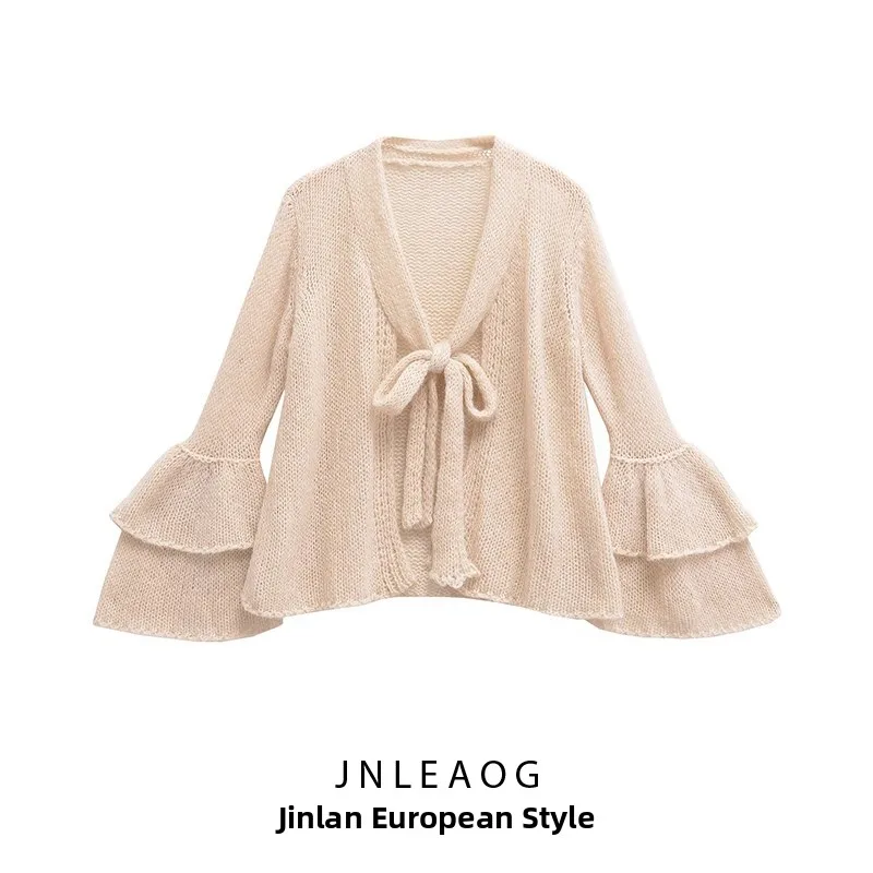 Jaet lavorato a maglia a strati Faionable con Sves decorativi JNLEAOG Cappotto lungo di media lunghezza V-Ne in fibra di poliestere da donna