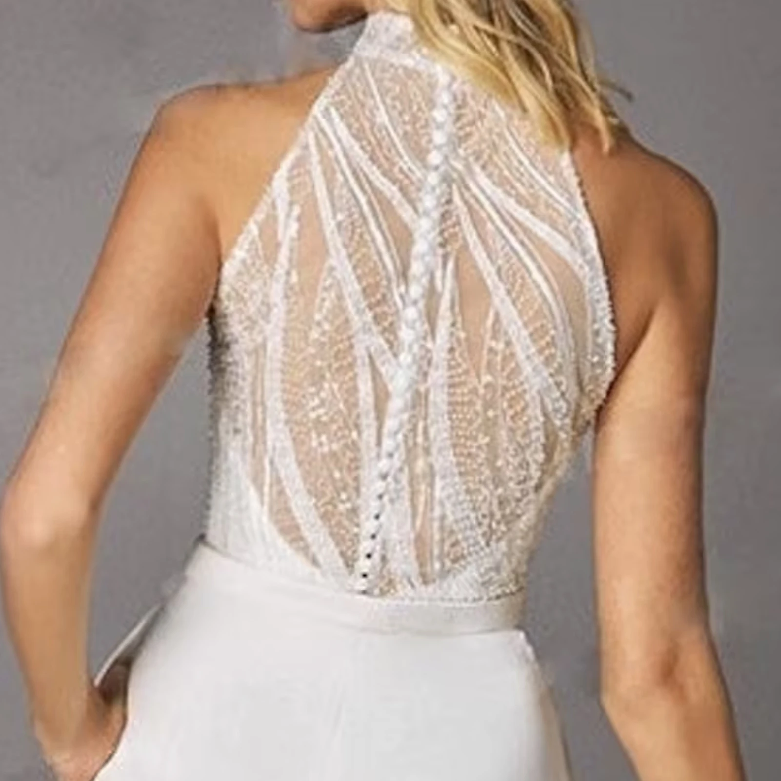 Hermoso mono De encaje para Novia, vestidos De Novia bohemios sin mangas, traje De pantalones Halter, Vestido De Novia personalizado con botones, 2023