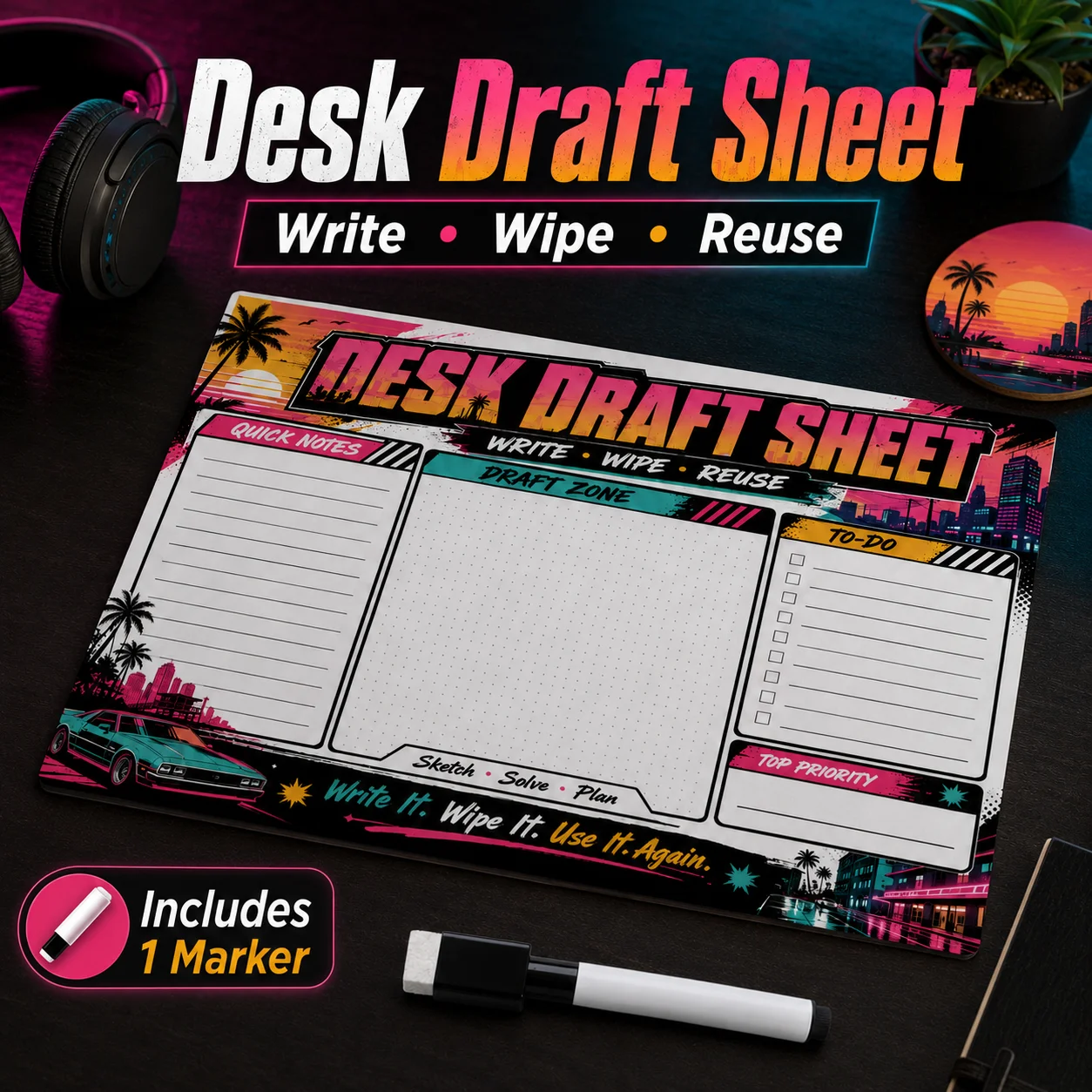 Whiteboard Marker Set - Retro Neon Reusable Dry Erase Desk