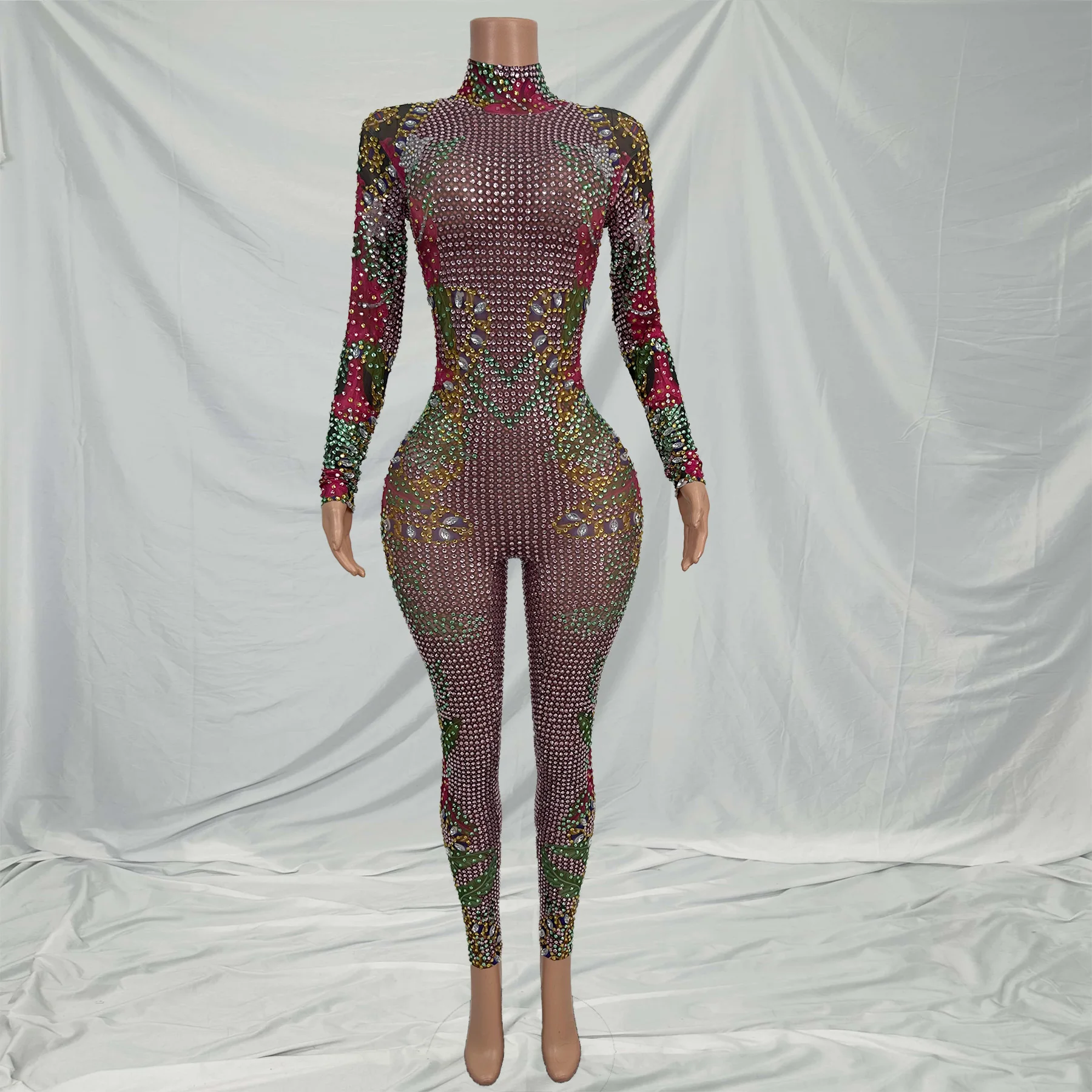 

Designer Stretch Spandex Floral Rhinestone Jumpsuits Women Long Sleeves Crystal Rompers Ladies Party Bodysuits Festival Outfit