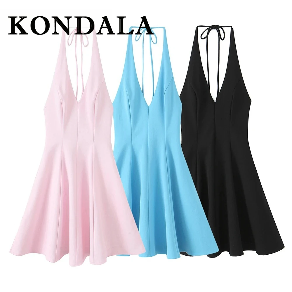 KONDALA Chic Solido Sexy Pieghettato Donna Cami Dress Moda 2025 Estate Halter Backless A-Line Dress Night Party Beach Y2K Abiti
