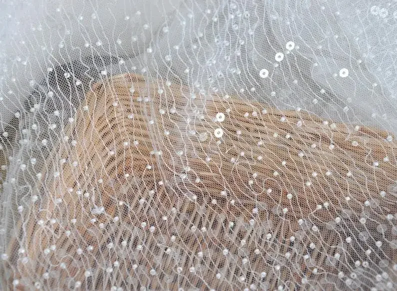 

1 Yard Sequins bead embroidery lace fabric pearl ivory tulle fabric for wedding dress Girl Dress bridal Veil 51" width