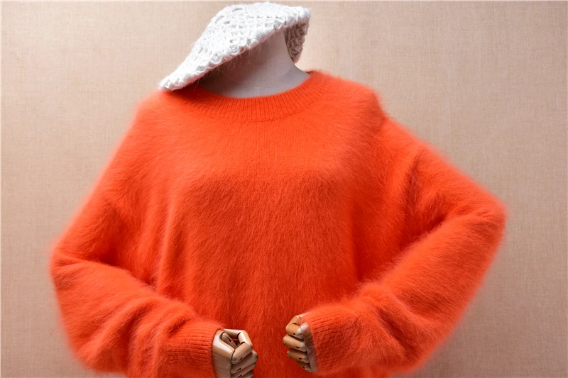 Women Mujer Autumn Winter Clothing Orange Hairy Mink Cashmere Knitted O-Neck Long Sleeves Loose Pullover Angora Sweater Jumper