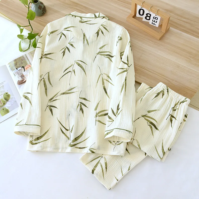 New Spring and Autumn Women\'s Pajama Set 2024 100% Cotton Crepe Long sleeved Pants Two piece Home Fury Cute and Comfortable