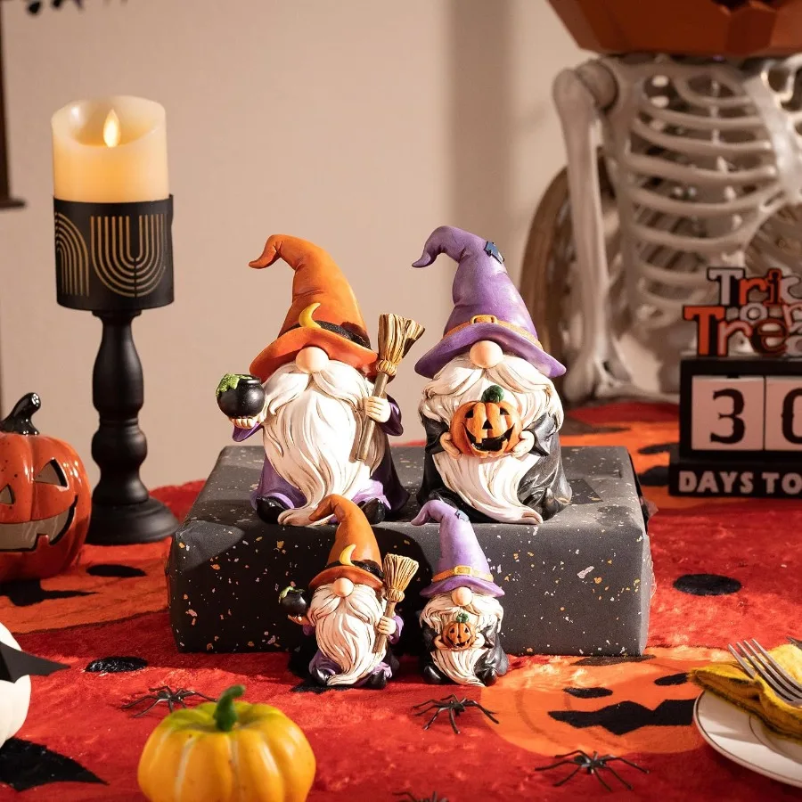 التماثيل هالوين tions داخلي 2 قطعة جنوم الراتنج ديكور للمنزل مع قبعة الساحرة مكنسة جاك يا فانوس القمر هالوين التماثيل El