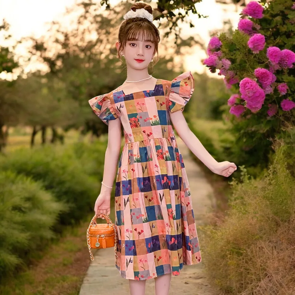 Teens Kids Lolita Dresses for Girls Outfits Short Sleeve School Plaid Dress Baby Summer Children Party Costumes 6 8 10 12 Years