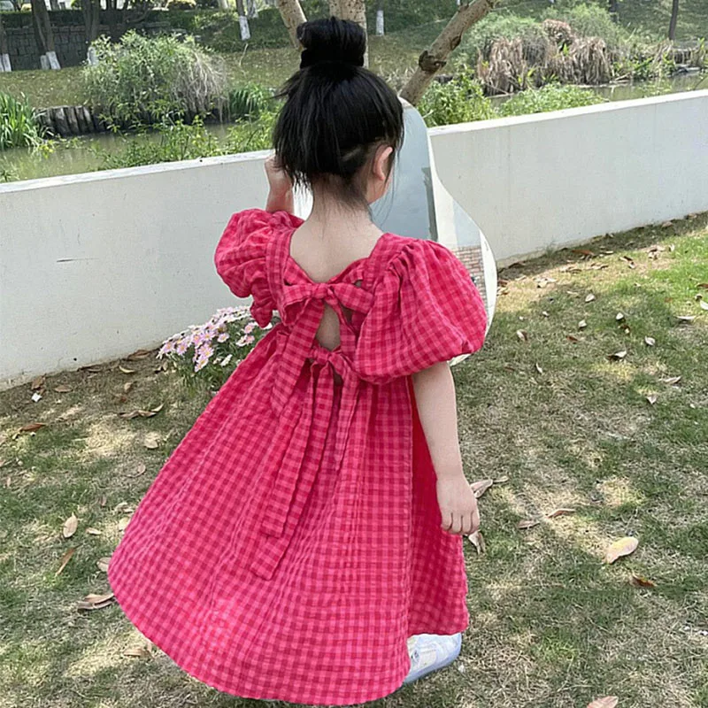 Girls\' Dresses Bubble Sleeved Plaid Tie Up Princess Dress Summer New Plaid Dress Girls Fashion Kids Outfit Children Girl Clothes