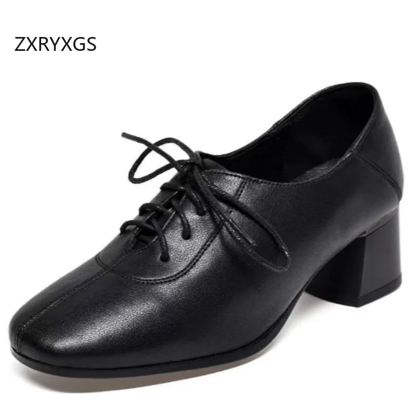 

ZXRYXGS 2025 New Style Temperament Elegant Lace-up Round Toe Genuine Leather Shoes Thick Mid Heels Office Work Banquet Shoes