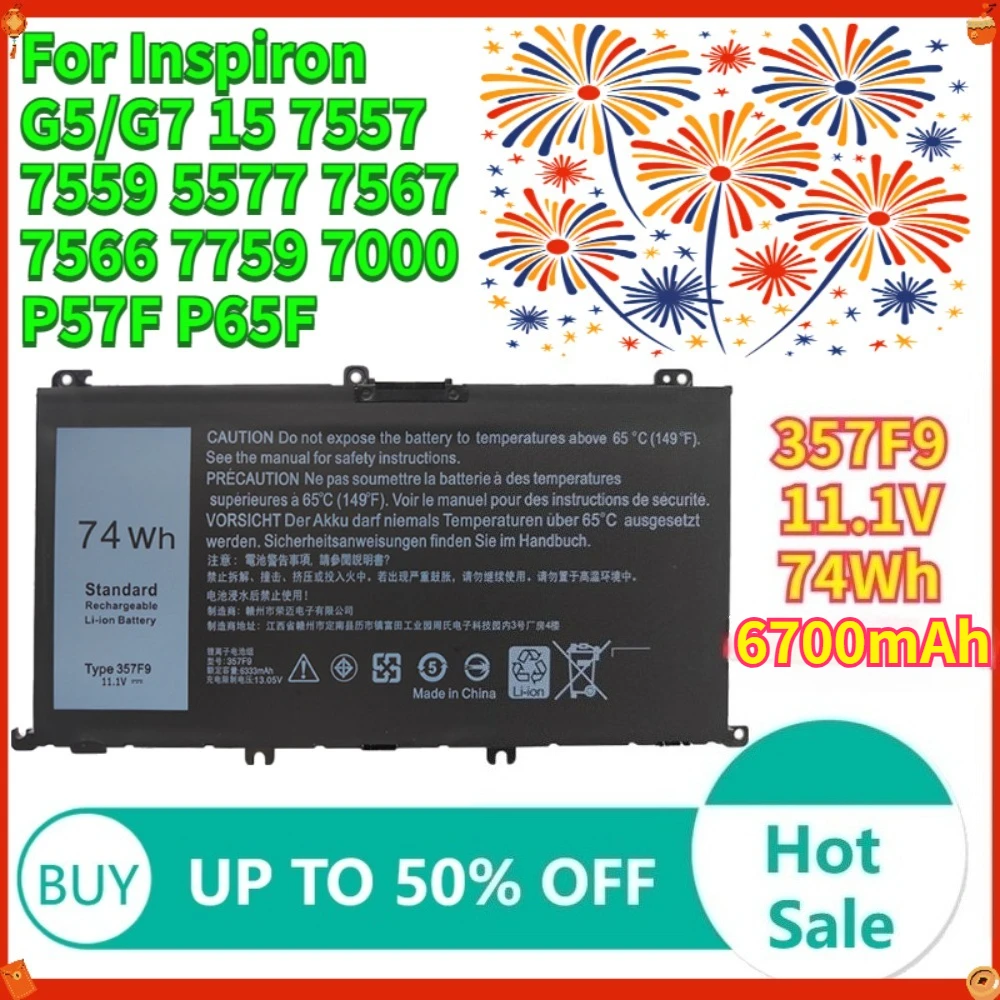 

74Wh 6333mAh 357F9 Laptop Battery For Dell Inspiron 15 7000 Gaming 5576 5577 7557 7559 7566 7567 7759 P57F P65F 0GFJ6 71JF4