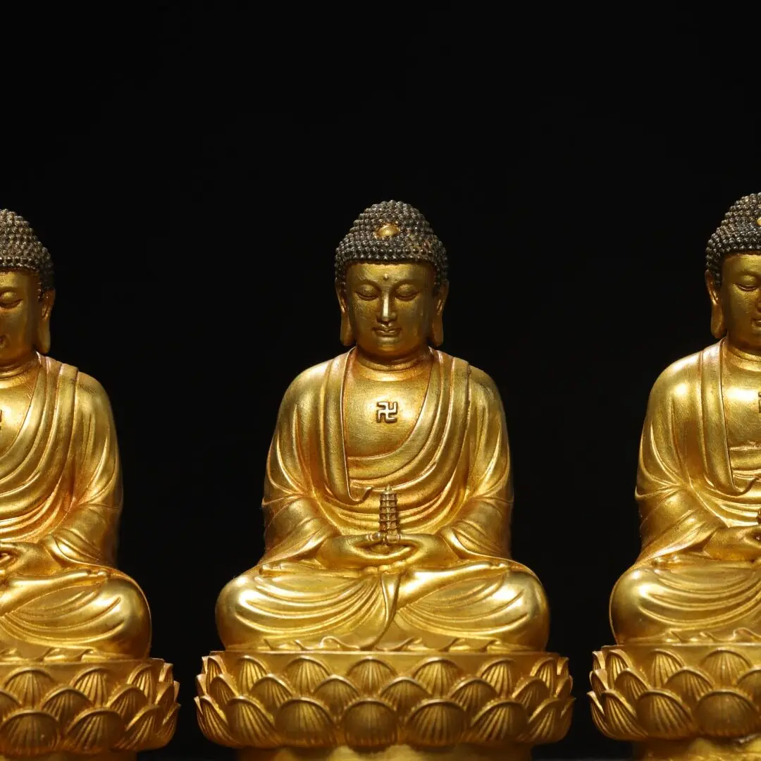 Three Jewels Buddha Statue Set Shakyamuni Amitabha Medicine Buddha Pure Copper Carved Home Temple Altar Desk Decor Ornament