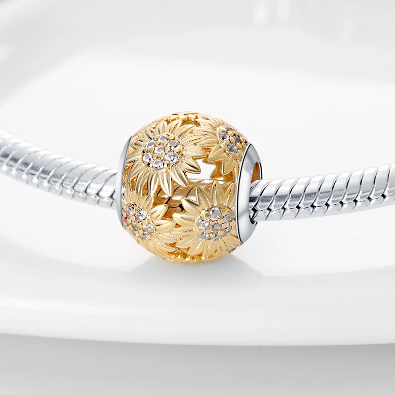 Abalorio de girasol de oro original de Plata de Ley 925, cuentas DIY, pulsera, collar, compromiso, regalo de joyería de cumpleaños