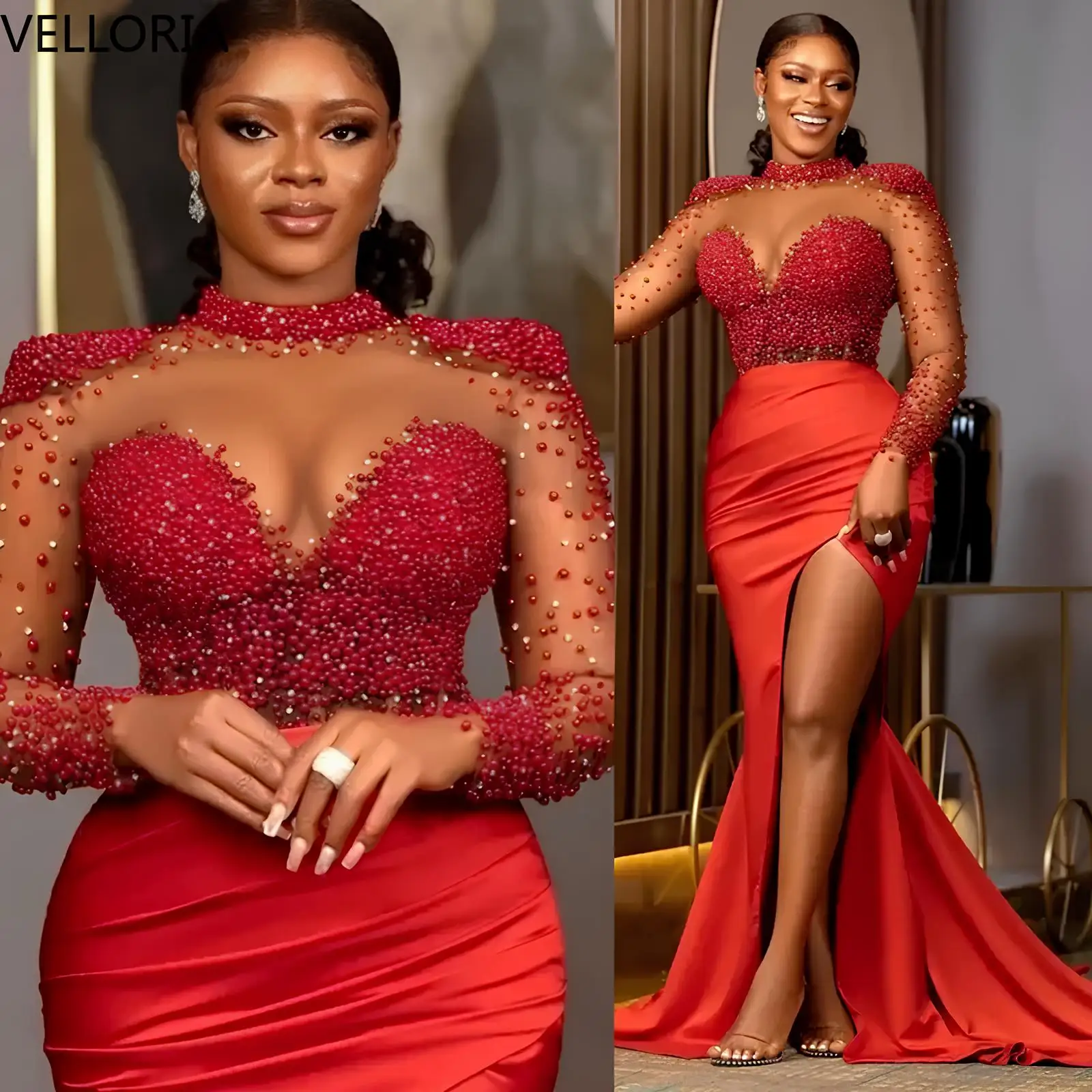 Rotes Strass-Mesh-Abendkleid mit langen Ärmeln, sexy Abendkleid mit hohem Schlitz und Perlen, formelles Kleid, Übergröße, Hochzeit, Party, individuell