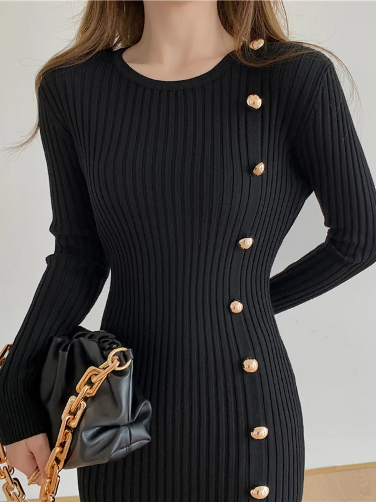 Autumn Warm Korean Fashion Woman Elegant Clothing Knitted Vintage Dresses Sweater Dress Femme Winter Vestido Feminino Thicken