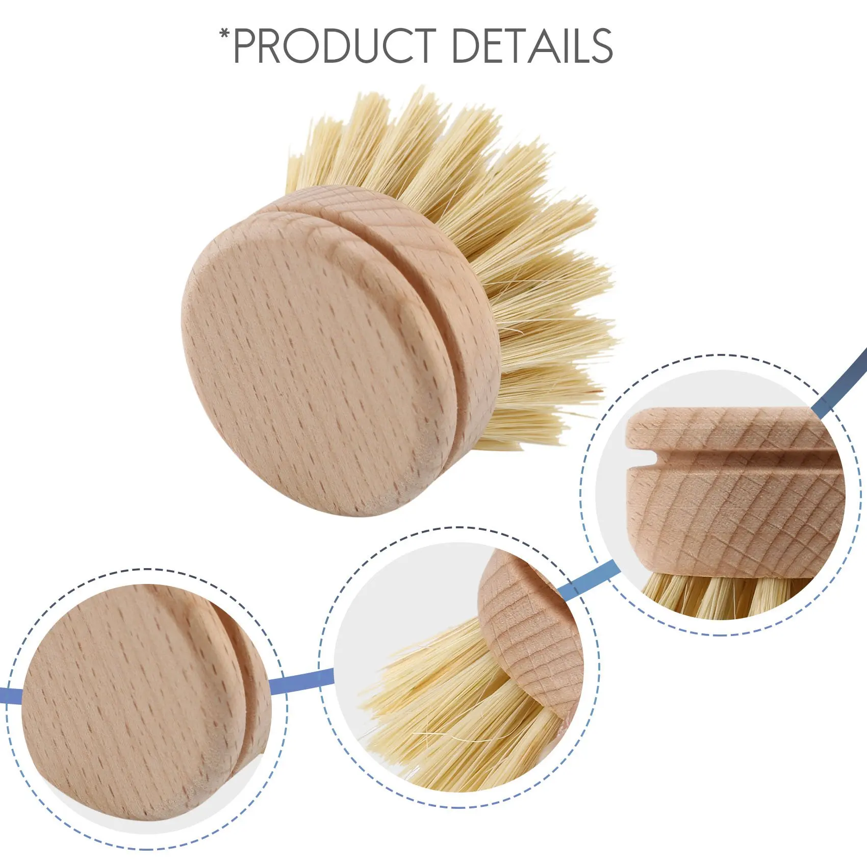 Washing Up Brush,Dish Brush,6 Pcs Replacement Brush Heads Wooden Cleaning Dish Brush Refillable Kitchen Beech