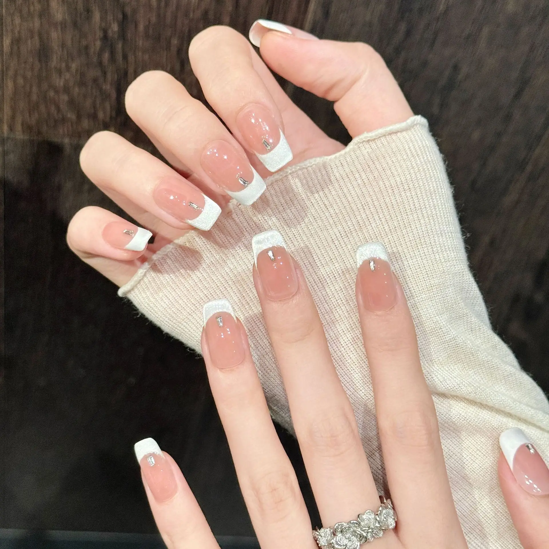 10pcs Handmade Middle Square Press On Nails Pink Silver Flash French Rhinestone Design Sweet Fake Nails Wearable Nails Art Tips