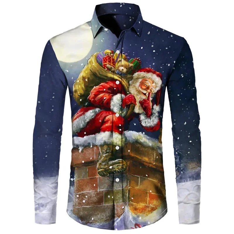 

Fashionable men's Lapel Collar Formal Wear men's high-end Printed Street Party Social Vacation Shirt Trend Santa Claus Style