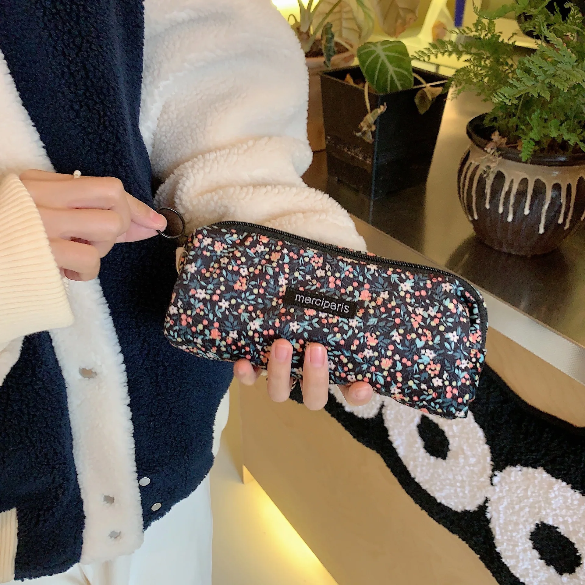 Vintage Corduroy Floral Women\'s Pencil Case Small Clutch Purse Handbags Simple Student Girls Cosmetic Storage Bag Ladies Pouch