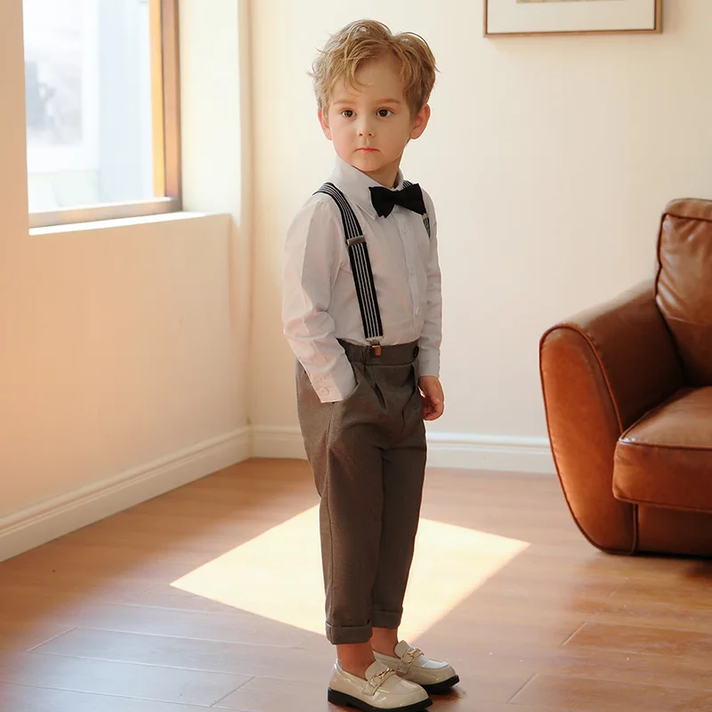 4PCS/set Children's Boys British Strap Shirts Pants Suits Formal Elegant Kids Boys Wedding Suits 1-10Y Boys Suits Outfits Set