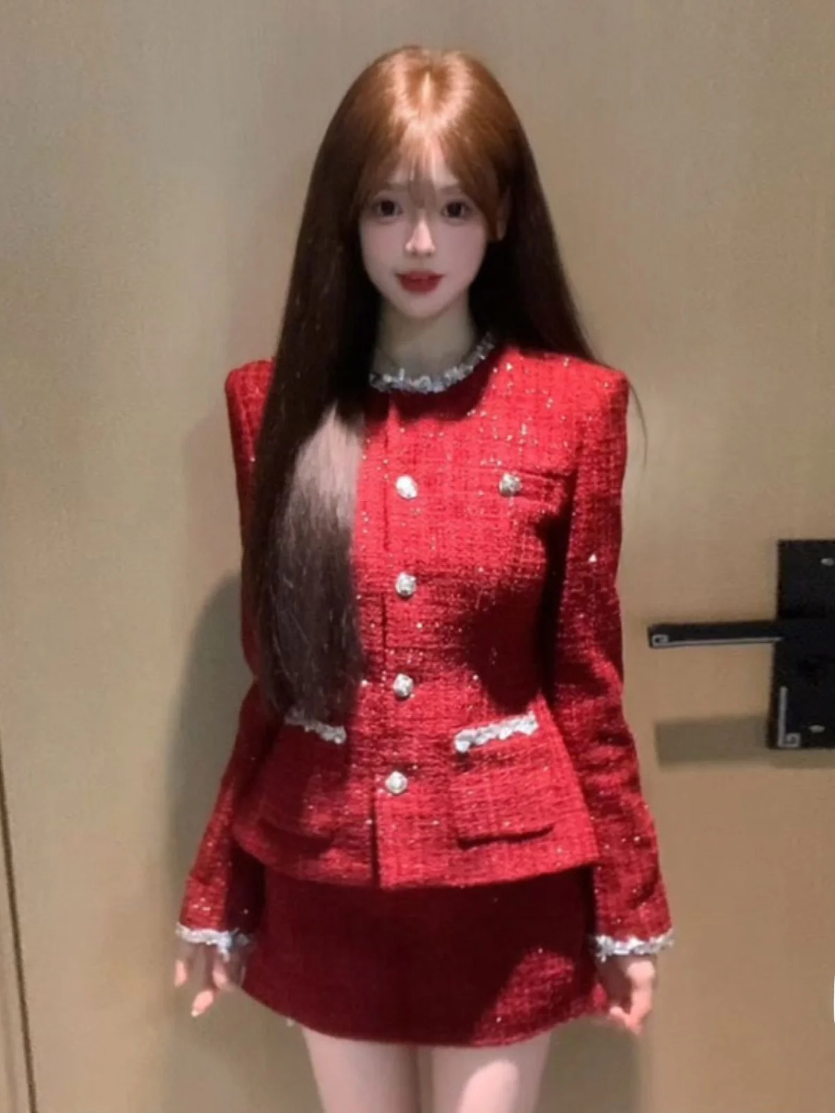 

Spring Red Elegant Lady Suit Set Short Sleeve Comfortable Cotton Vintage Style Two-Piece Women's Fashion Outerwear Skirt Set