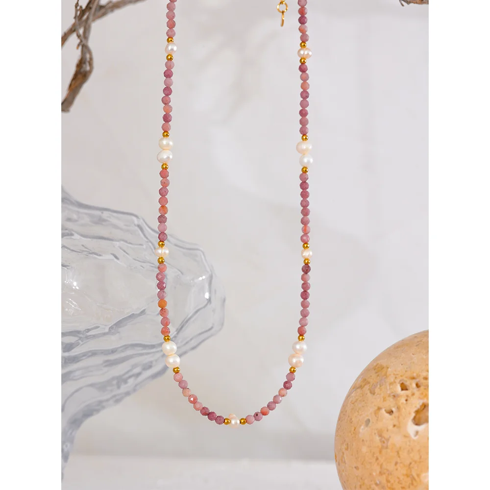 Yhpup Roze Natuursteen Zoetwaterparel Handgemaakte Ketting Rvs Rhodochrosite Sieraden Trendy Vrouwen Bijoux Waterdicht