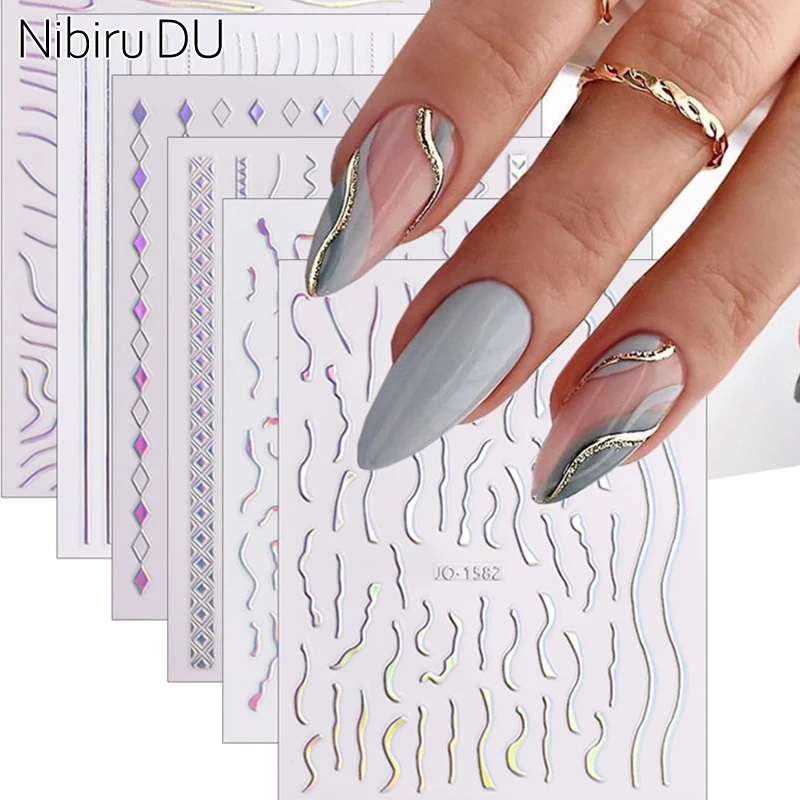 12 Sheets Line Nail Art Stickers 3D Aurora Nail Sticker Holographic Silver Stripe Nail Decals Wave Lines French Style Decoration