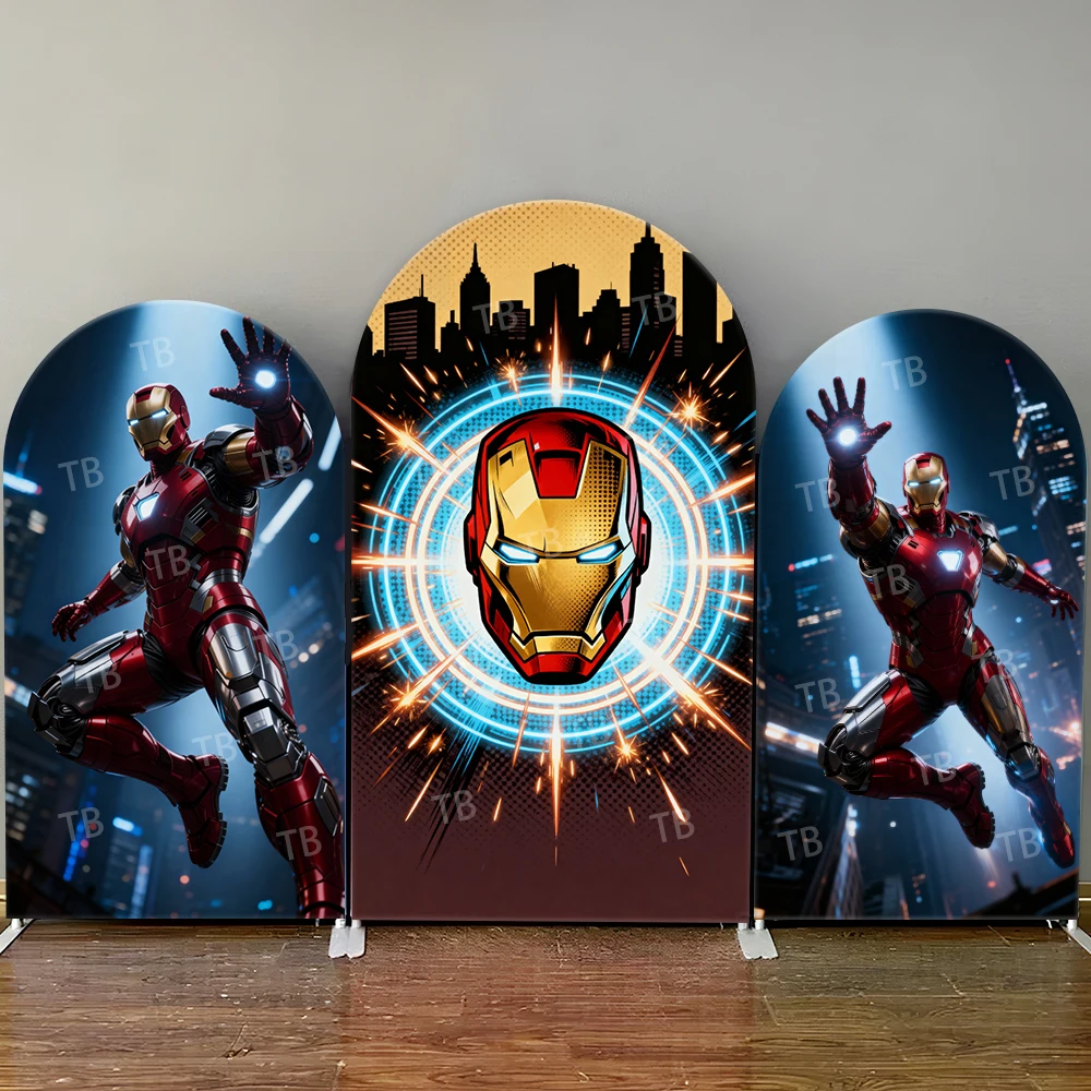 

Iron Man City Night View Comic Light Style Arch Backdrop Cover Dynamic Superhero Scene for Kids Birthday Baby Shower Photo Booth