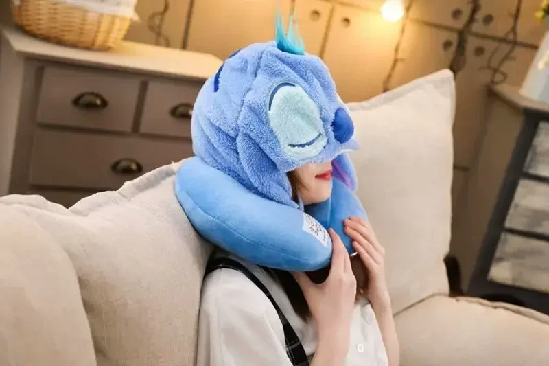 Stitch Disney New Pillow Cute Cartoon U-shaped Pillow Stuffed Toy Travel Hooded Neck Cushion Single Office Nap Pillows Headrest