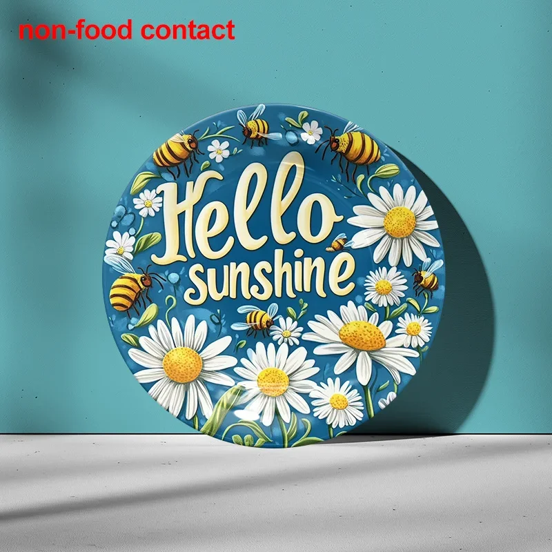 1pc Hello Sunshine Daisy Bee Round Ceramic Hanging Wall Decor Plate - 8.0inch Vintage Non-Food Contact Art Plate with Daisies,