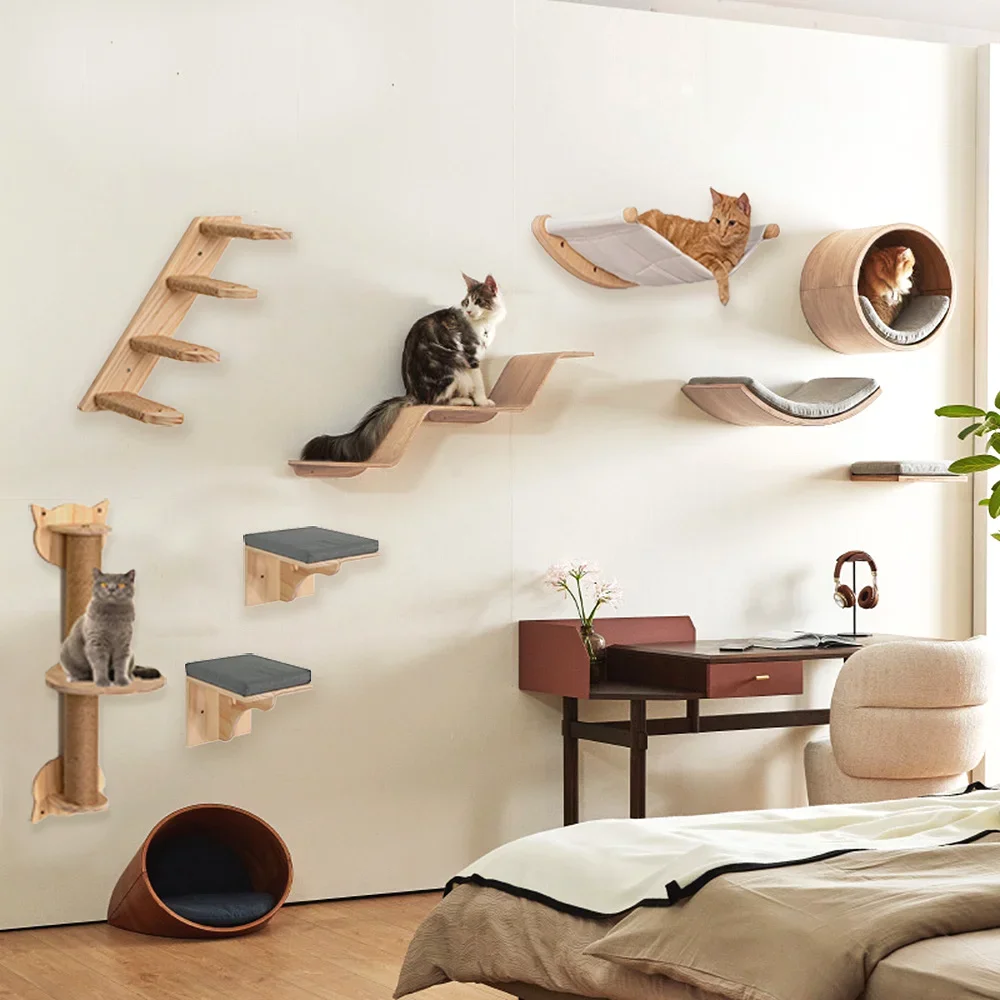 

Wall Mounted Cat Climbing Shelves Cat Tree Furniture Scratcher Hammock Sisal Stairs Hiding House Indoor Cats Walk Playground