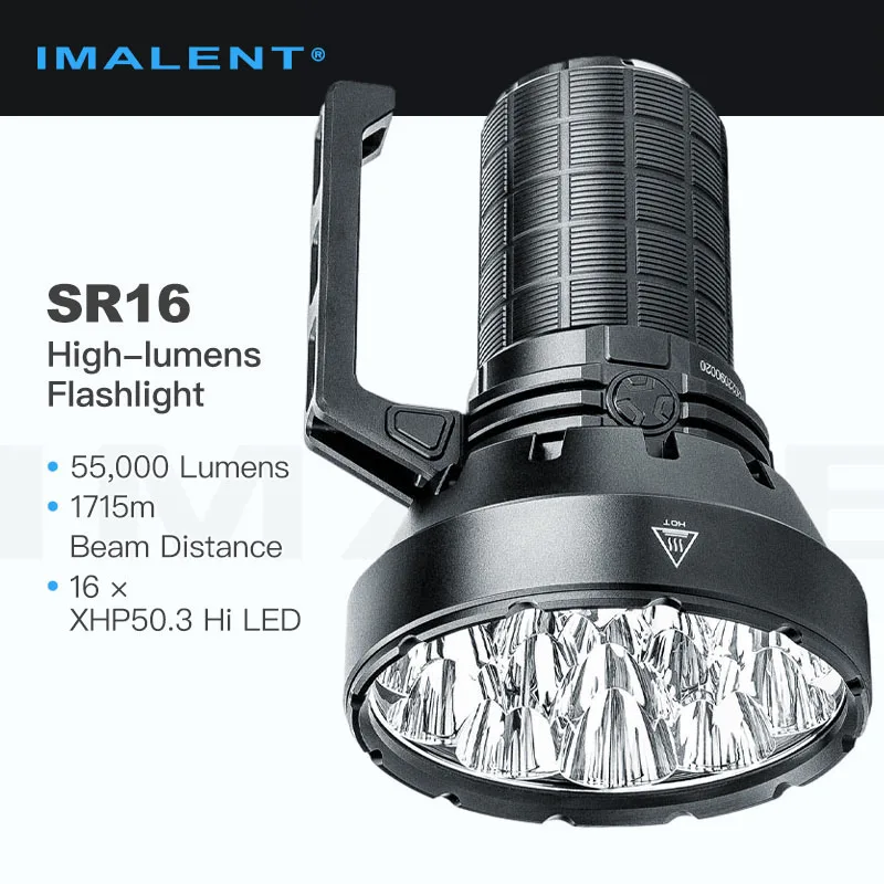 Imalent SR16 Ultra Bright Flashlight/Searchlight with 16pcs LEDs,55,000 Lumens 1,715m Throw,4pcs 21700 Battery Pack,Cooling Fan