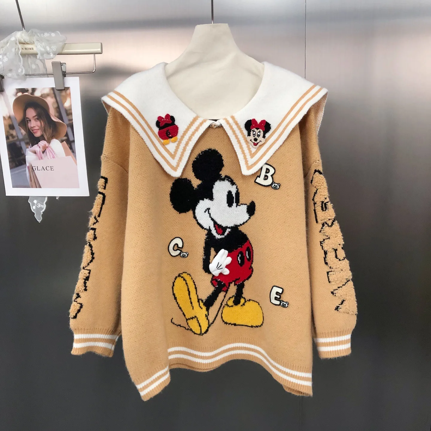 2025 Korean Version Age-Reducing Fashion Navy Collar Embroidered Cartoon Jacquard Loose College Style Pullover Sweater Women