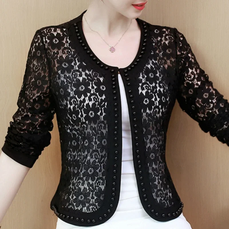 

Women Jacket Long Sleeve Black Hollow Lace Jacket Fashion Women's Jackets Coats And Jackets Women Clothing V1487