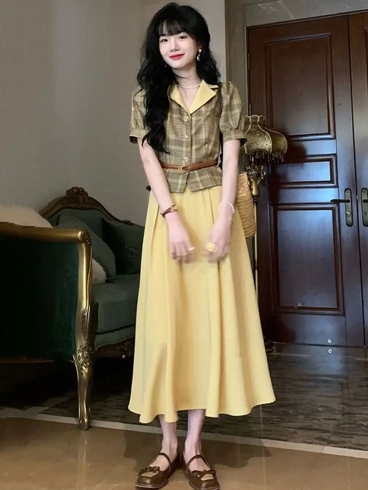 Korea Shirts Skirt Two Piece Set Women Retro Puff Sleeve Sweet All-Match Slim Cropped Daily Plaid Sexy Leisure