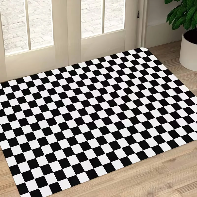 This Black and White Checkered Door Mat Is Bathrooms and Kitchens. It's A Fashionable Housewarming Gift for Home Decor Carpets