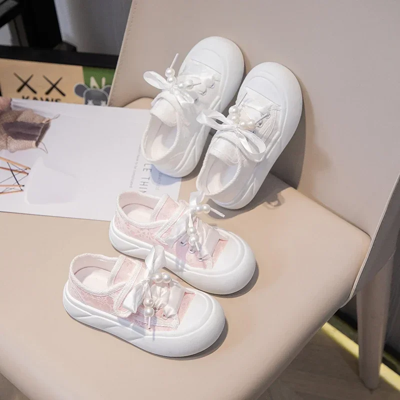 Chaussures en toile respirante avec perles pour filles, chaussures décontractées pour enfants, l'offre elles souples basses, chaussures de planche pour enfants