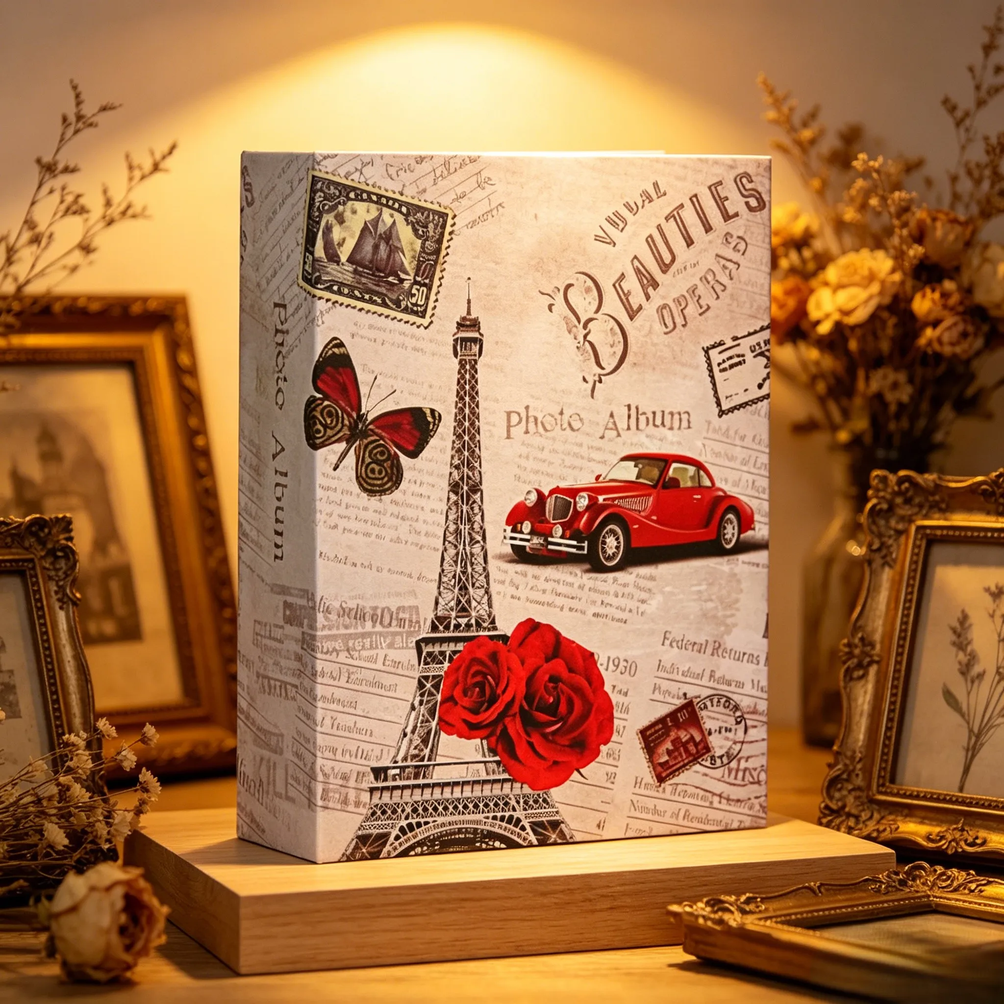 Vintage Eiffel Tower Newspaper Photo Album, 100 6-Inch Photos, Memory Book for Family, Wedding, Travel and Baby
