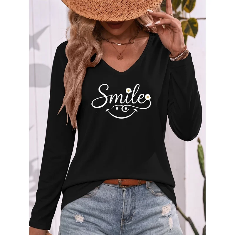 Gentle Relaxed Feel Easy Line Outline Smiling Face Round Relaxed Hand Drawn Smile Letter Print V Neck Long Sleeve T Shirt Suitab